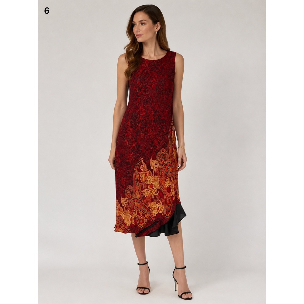 Vintage Y2K Carole Little Maxi Dress Womens 8 Red Damask Velvet Lace Trim Grunge